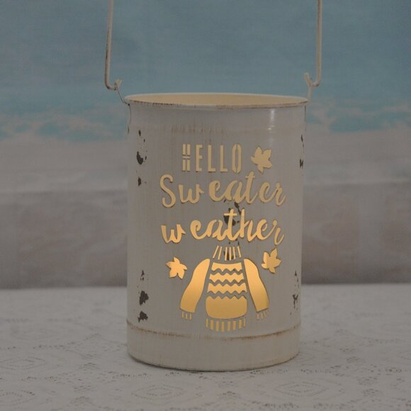 Fall Metal Distressed Lantern “HELLO Sweater Weather” with Color Changing Candle - Picture 4 of 4
